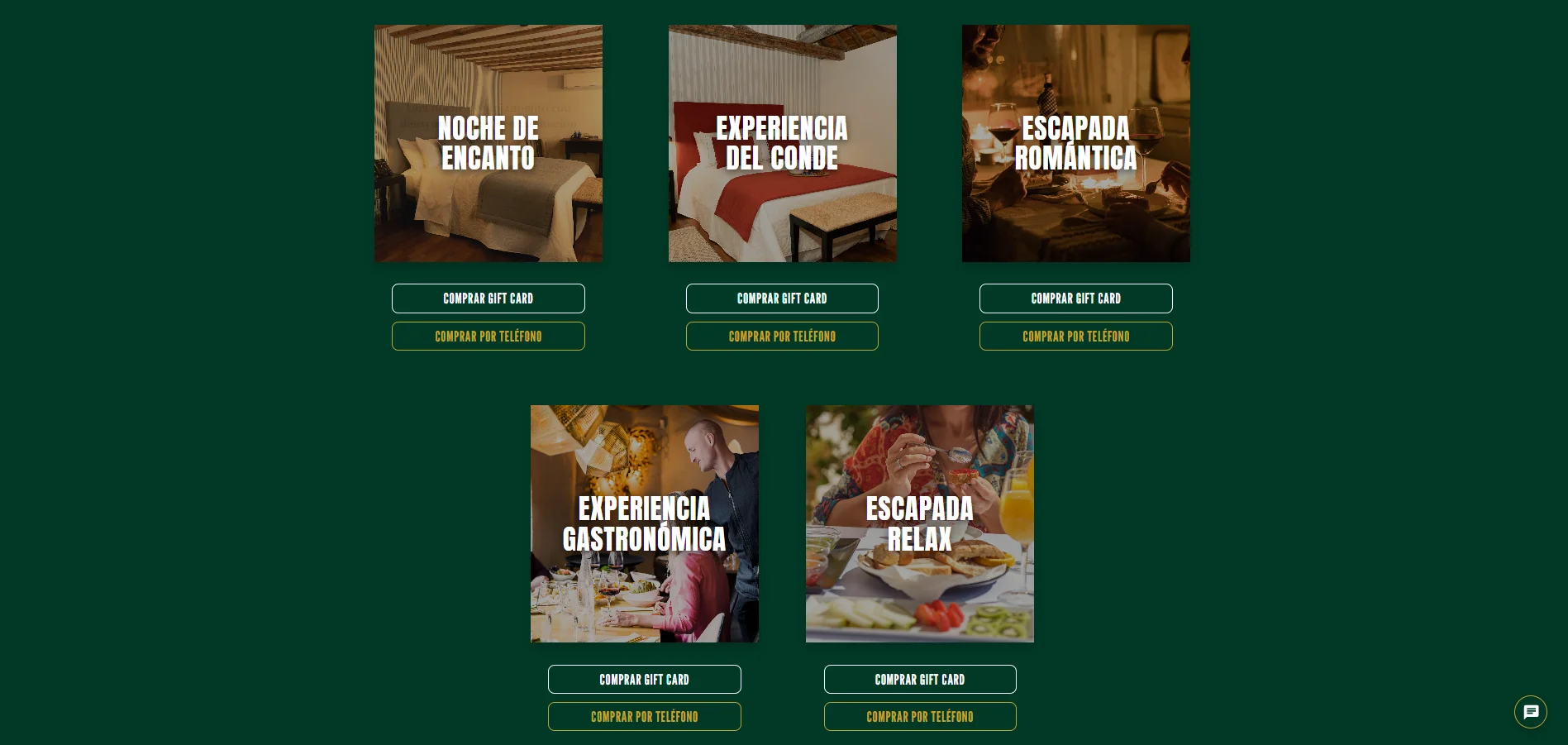 Página de experiencias y gift cards