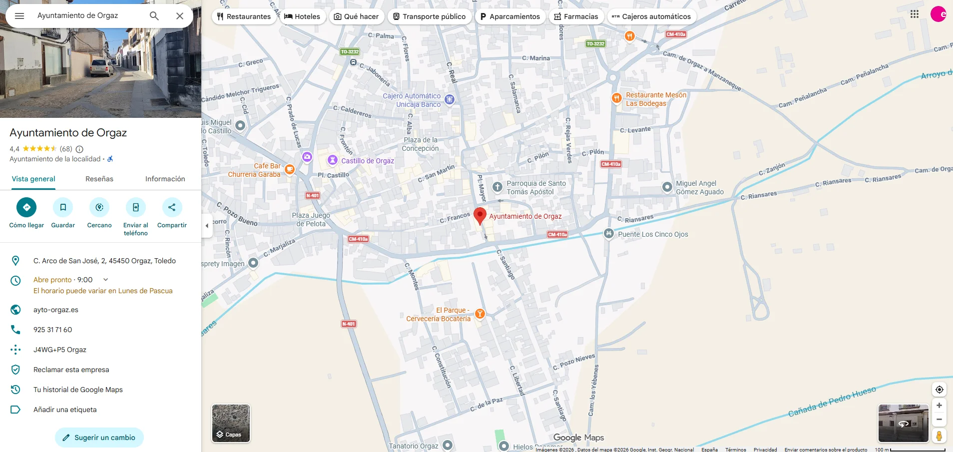 Google Maps del Ayuntamiento de Orgaz