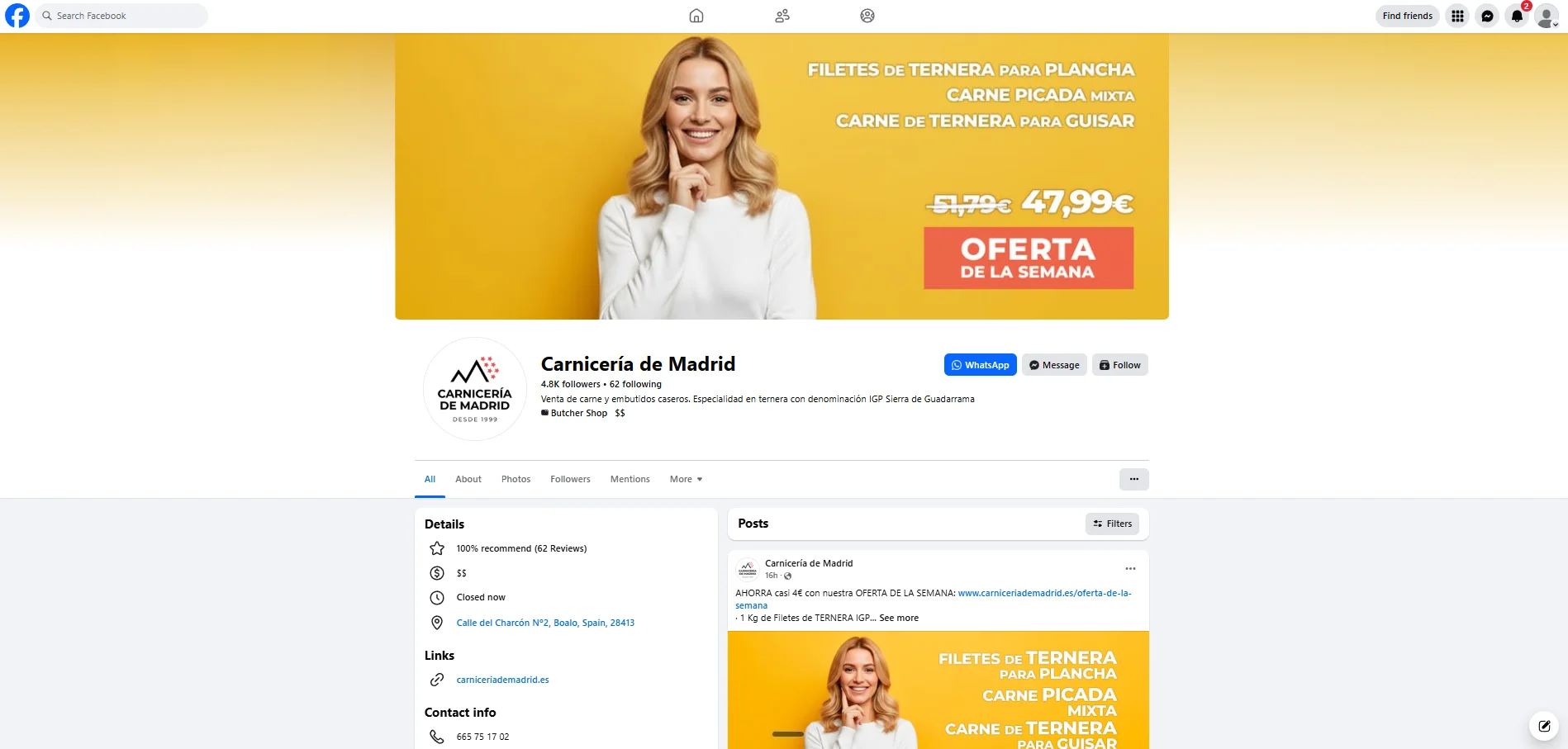 Página de Facebook con ofertas semanales