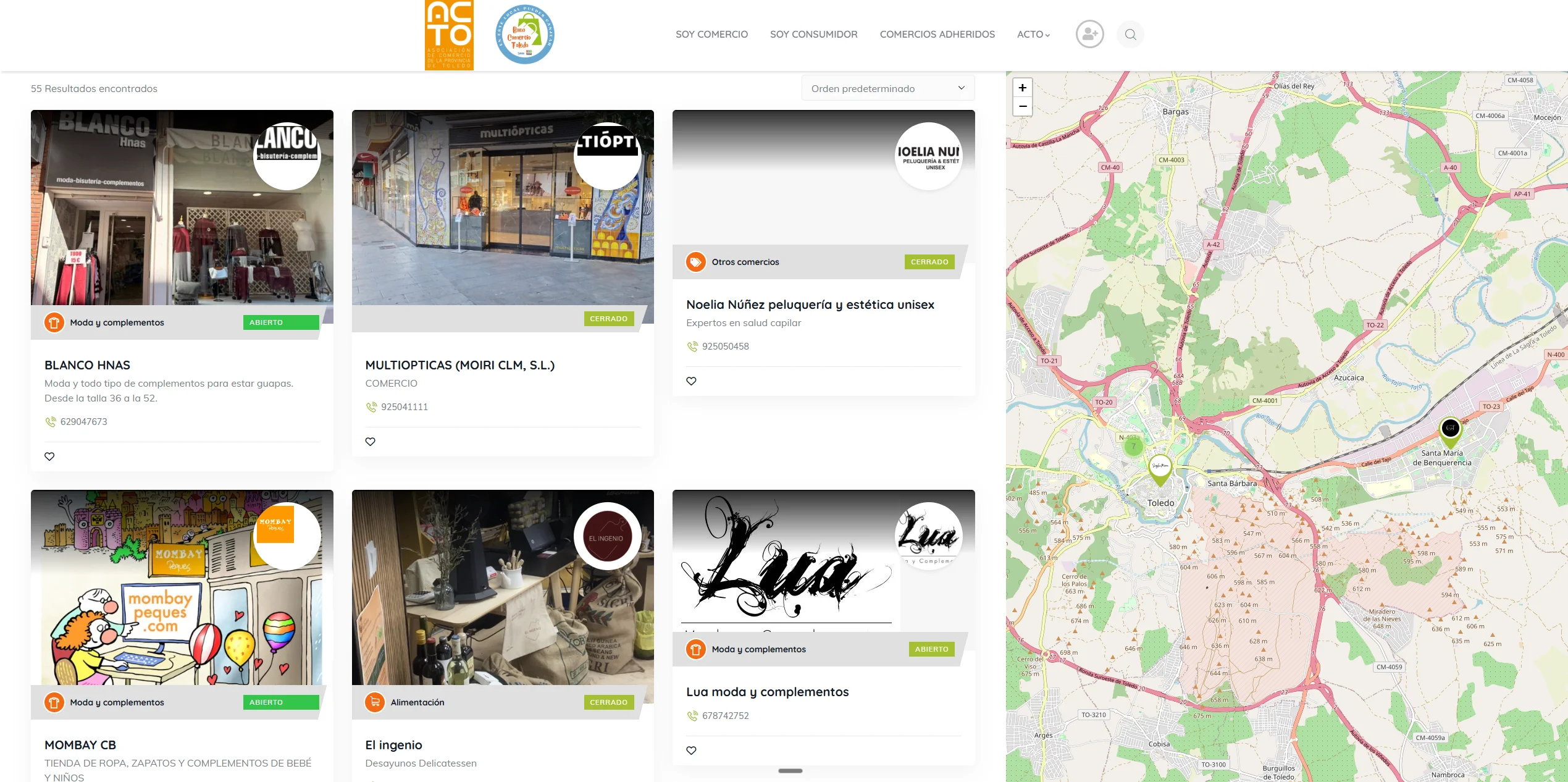 Directorio de comercios adheridos con mapa