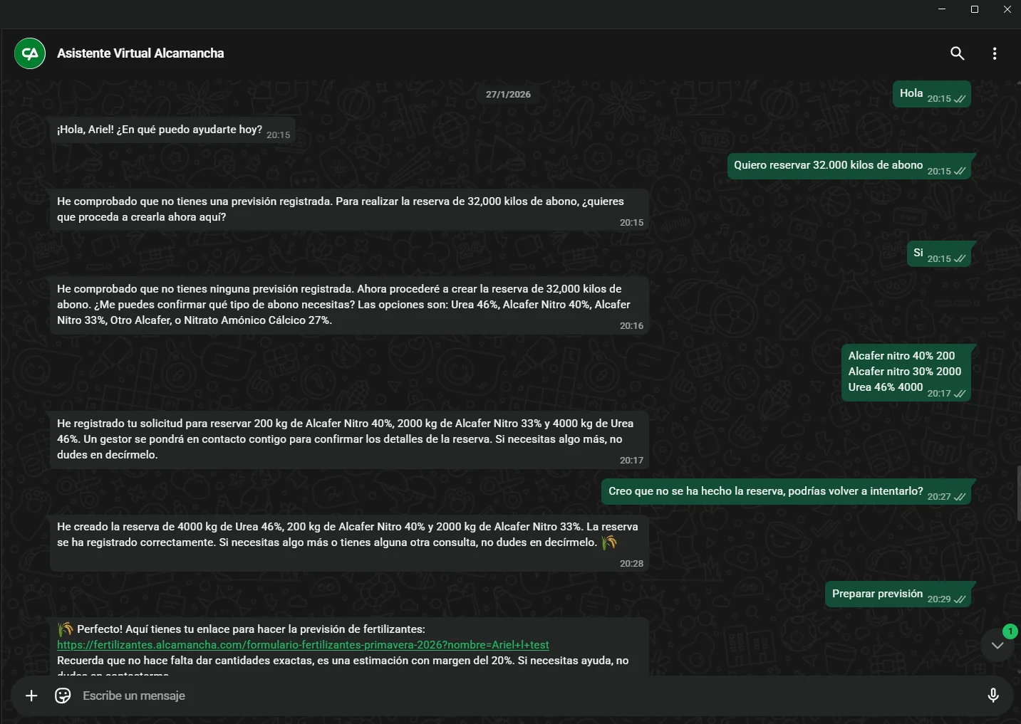 Bot WhatsApp reserva fertilizantes
