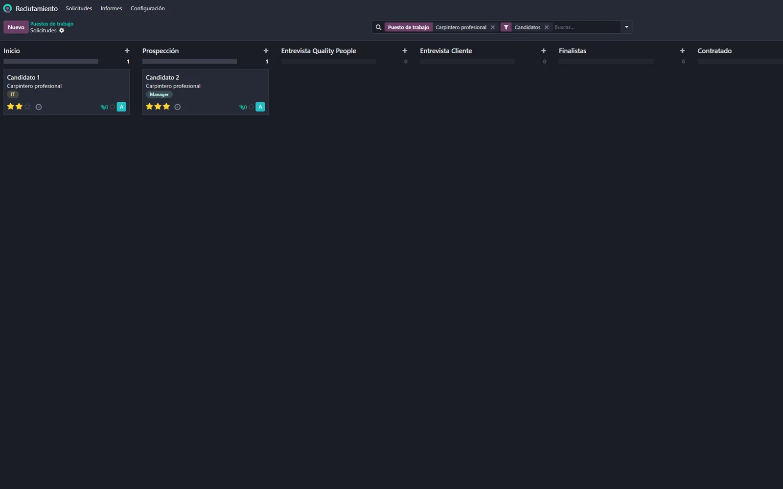 Pipeline Kanban de reclutamiento en Odoo