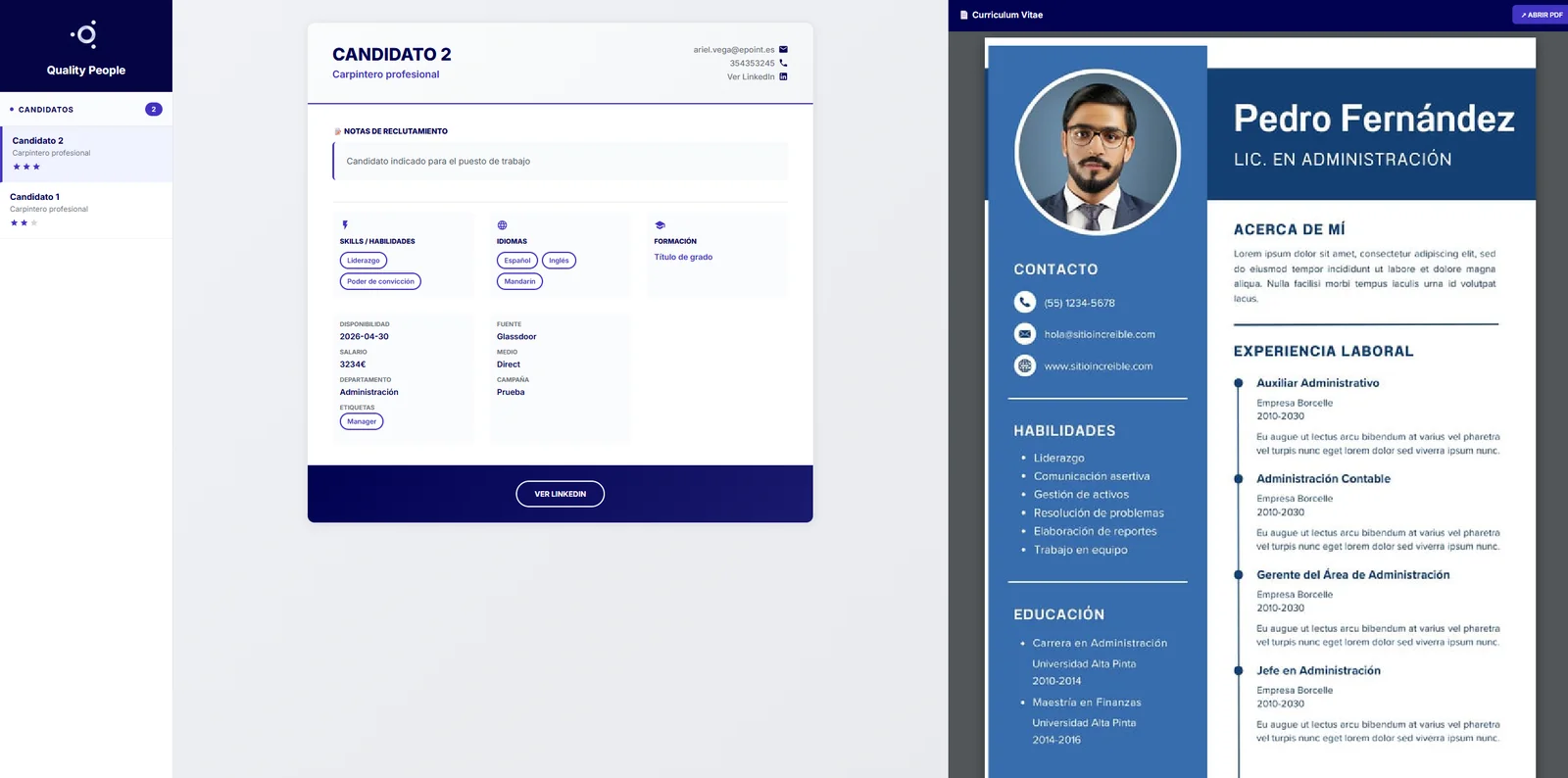 Ficha de candidato con CV en Quality People