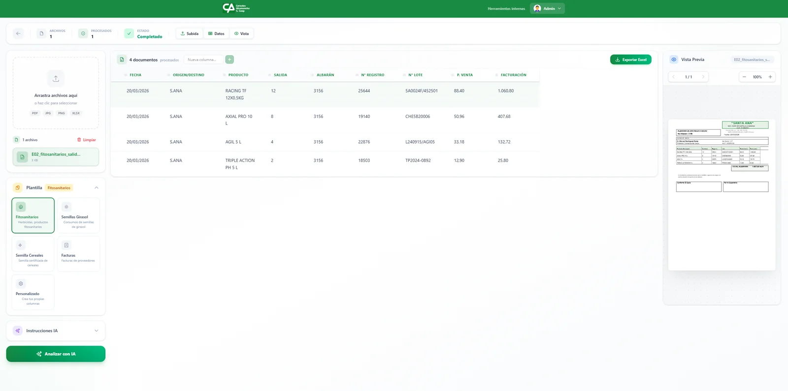 Dashboard del escáner con tabla de datos y preview del documento