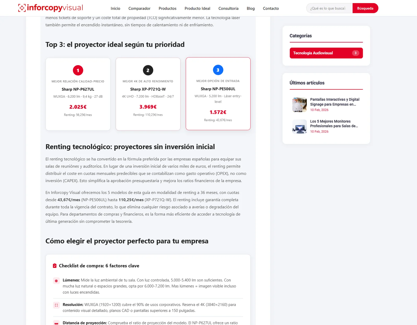 Artículo Top 3 proyectores con checklist