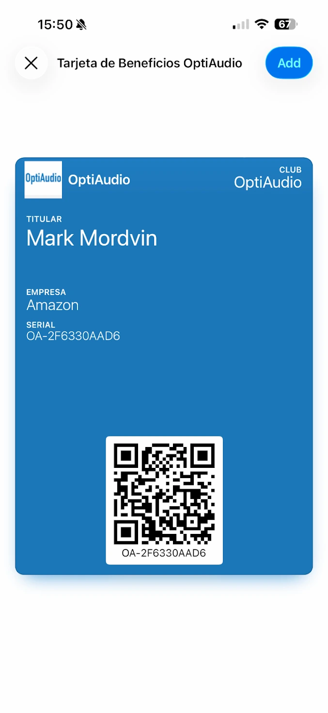 Tarjeta del Club OptiAudio añadida a Apple Wallet en iPhone