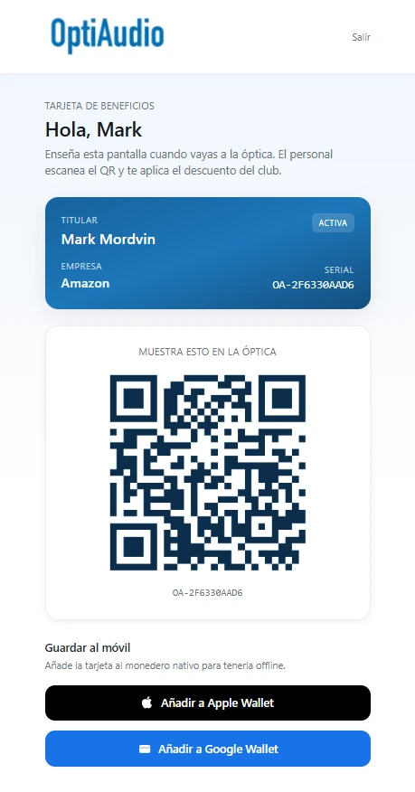Tarjeta digital del Club OptiAudio en el navegador del móvil con QR