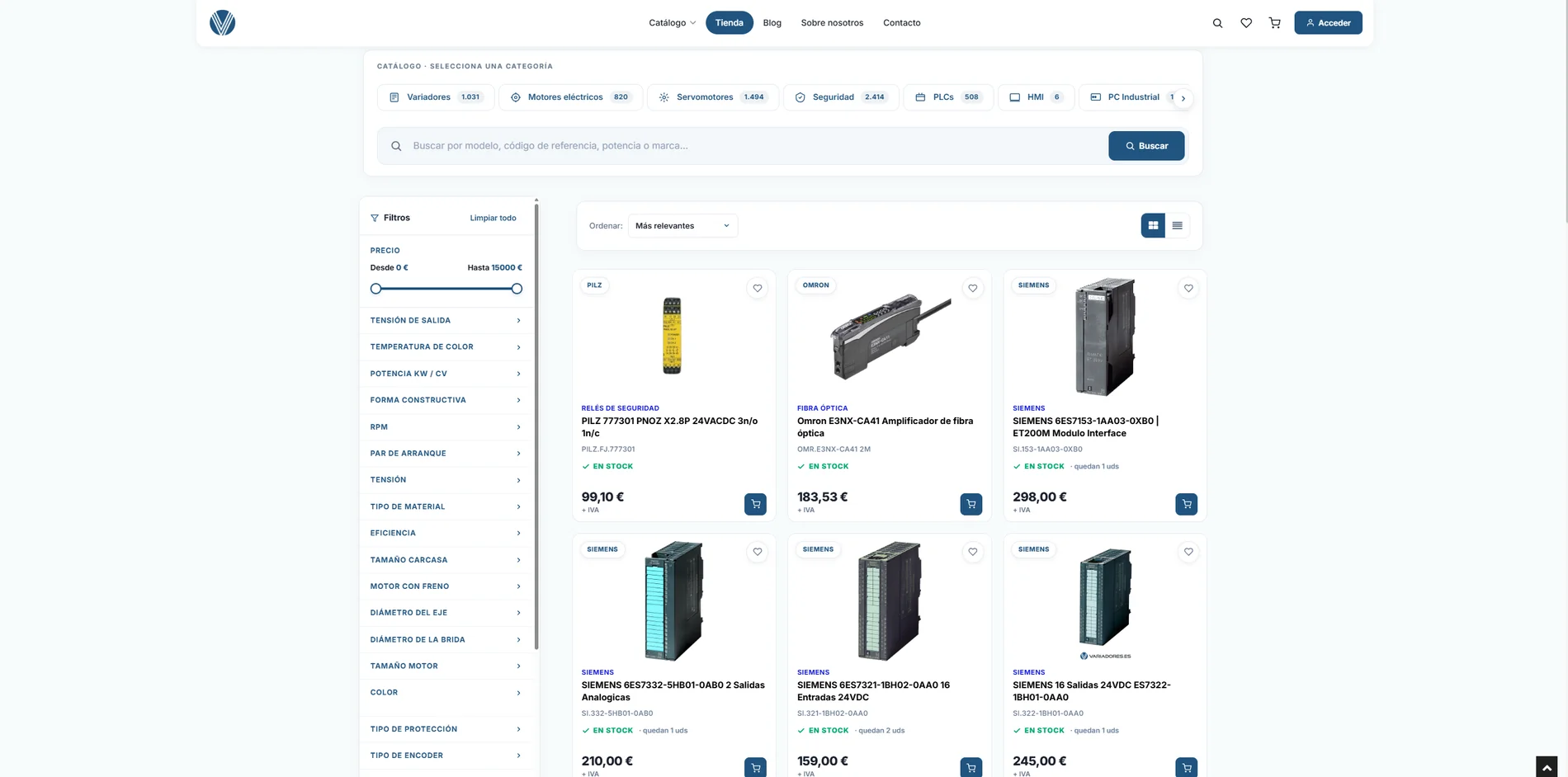 Tienda online con filtros técnicos y catálogo de miles de referencias