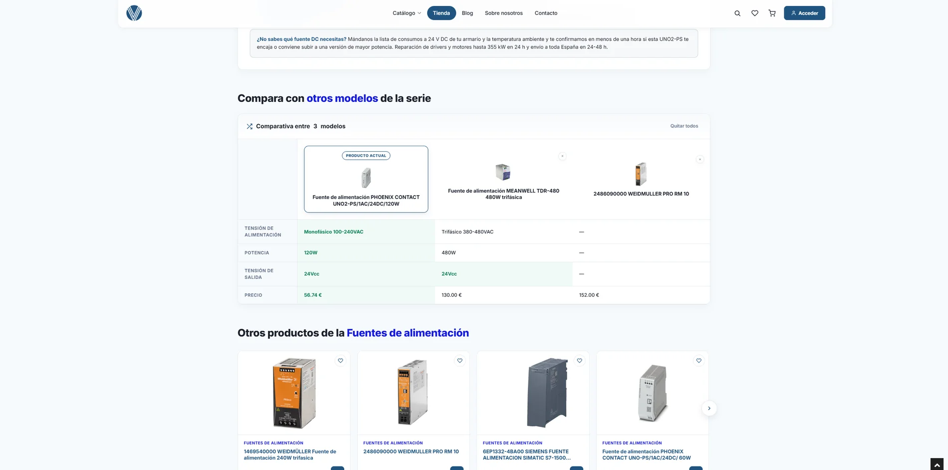 Comparador de modelos y carrusel de productos recomendados