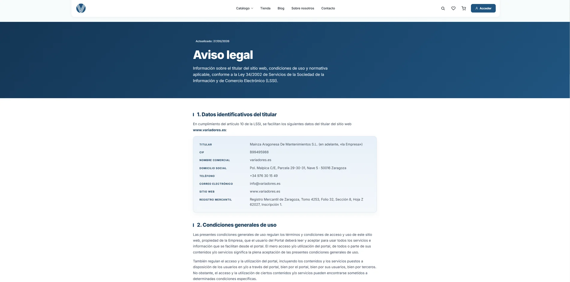 Páginas legales rediseñadas de la tienda