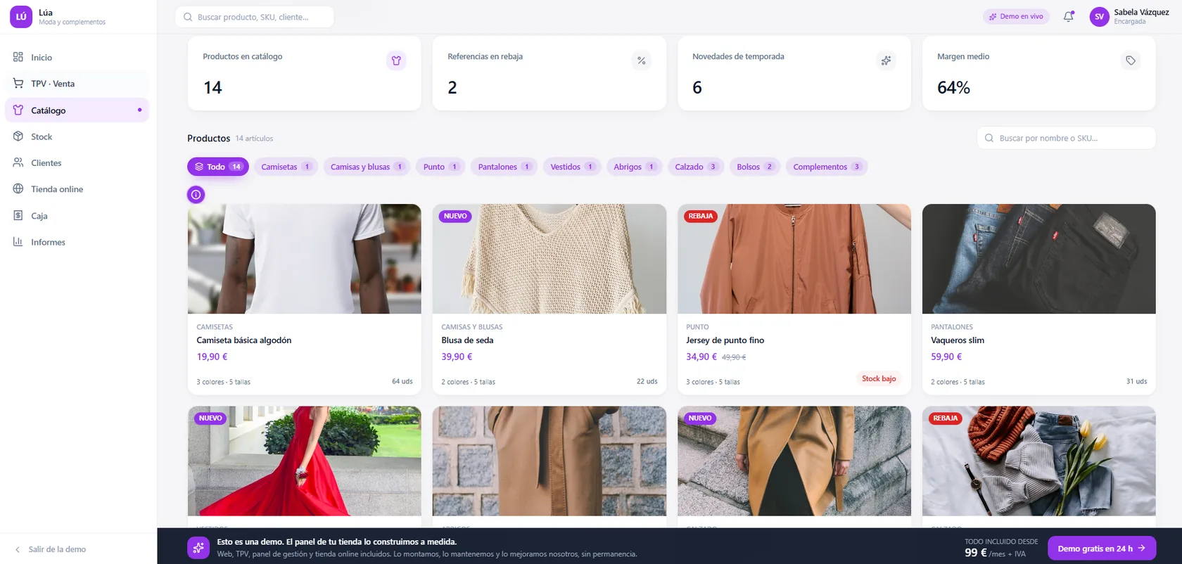 Catálogo de producto de una tienda de ropa con la matriz de stock por talla y color en epoint One