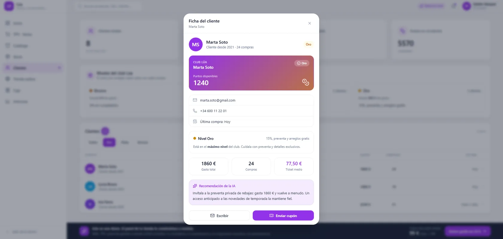 Ficha de cliente con club de fidelización y puntos en el software para tiendas de ropa epoint One