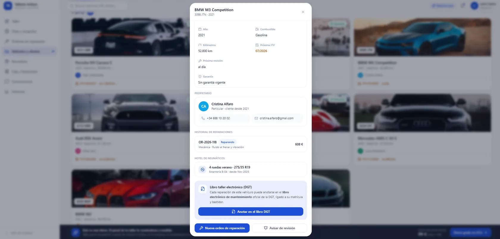 Ficha de vehículo por matrícula con ITV, historial de reparaciones y hotel de neumáticos en el software para talleres epoint One