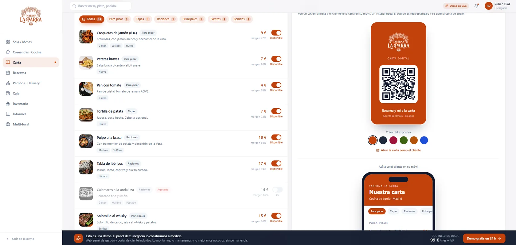 Carta digital con QR de un bar, con disponibilidad y alérgenos, en el TPV epoint One