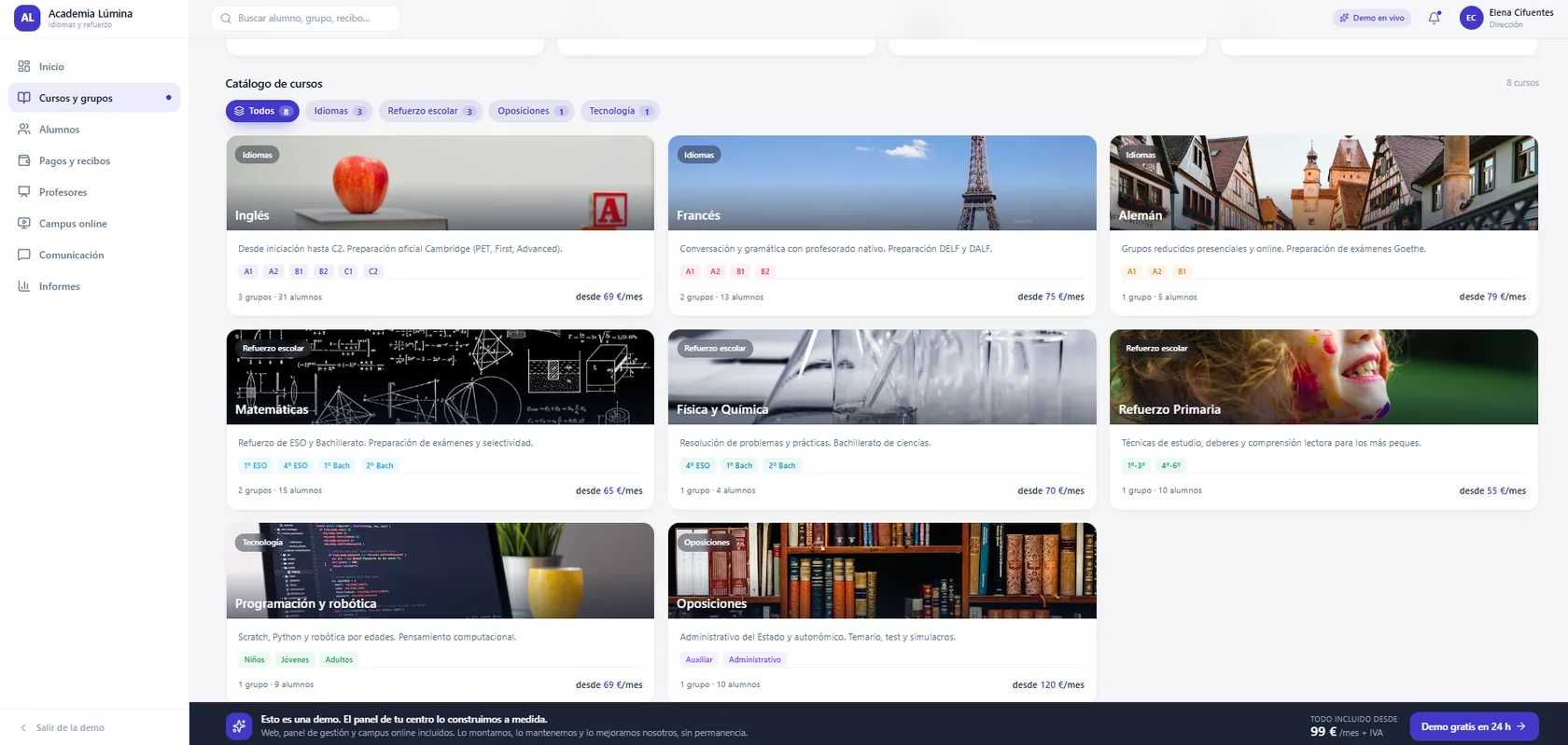 Catálogo de cursos y grupos de una academia con niveles, ocupación y precio en epoint One