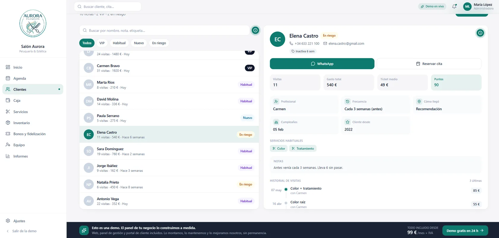 Ficha de cliente de una peluquería con epoint One