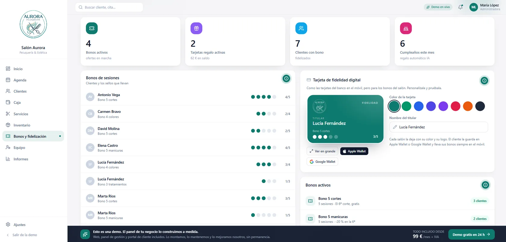 Bonos y tarjeta de fidelización de una peluquería con epoint One