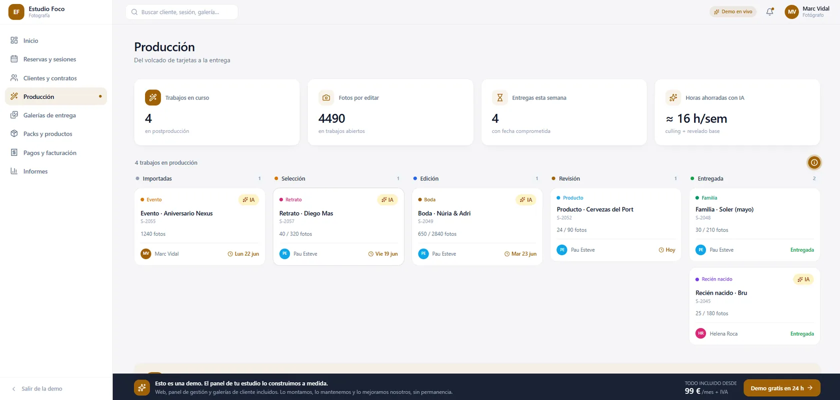Tablero de producción kanban de un estudio de fotografía: importadas, selección, edición, revisión y entrega, en epoint One