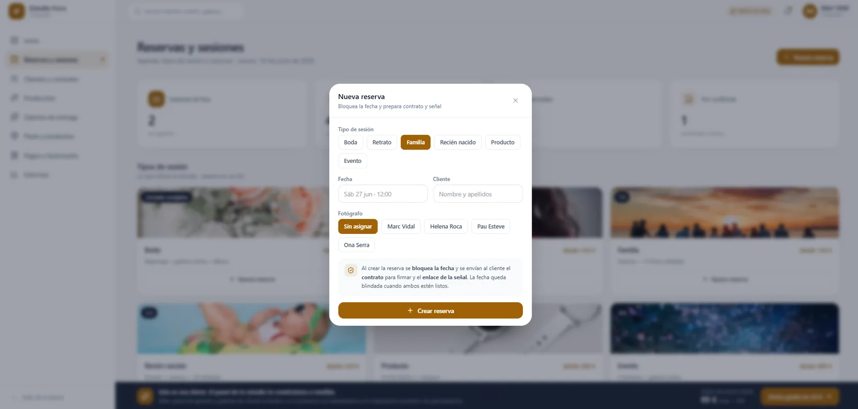Reservas y sesiones de un estudio de fotografía con tipos de sesión, contrato y señal, en el software para estudios de fotografía epoint One