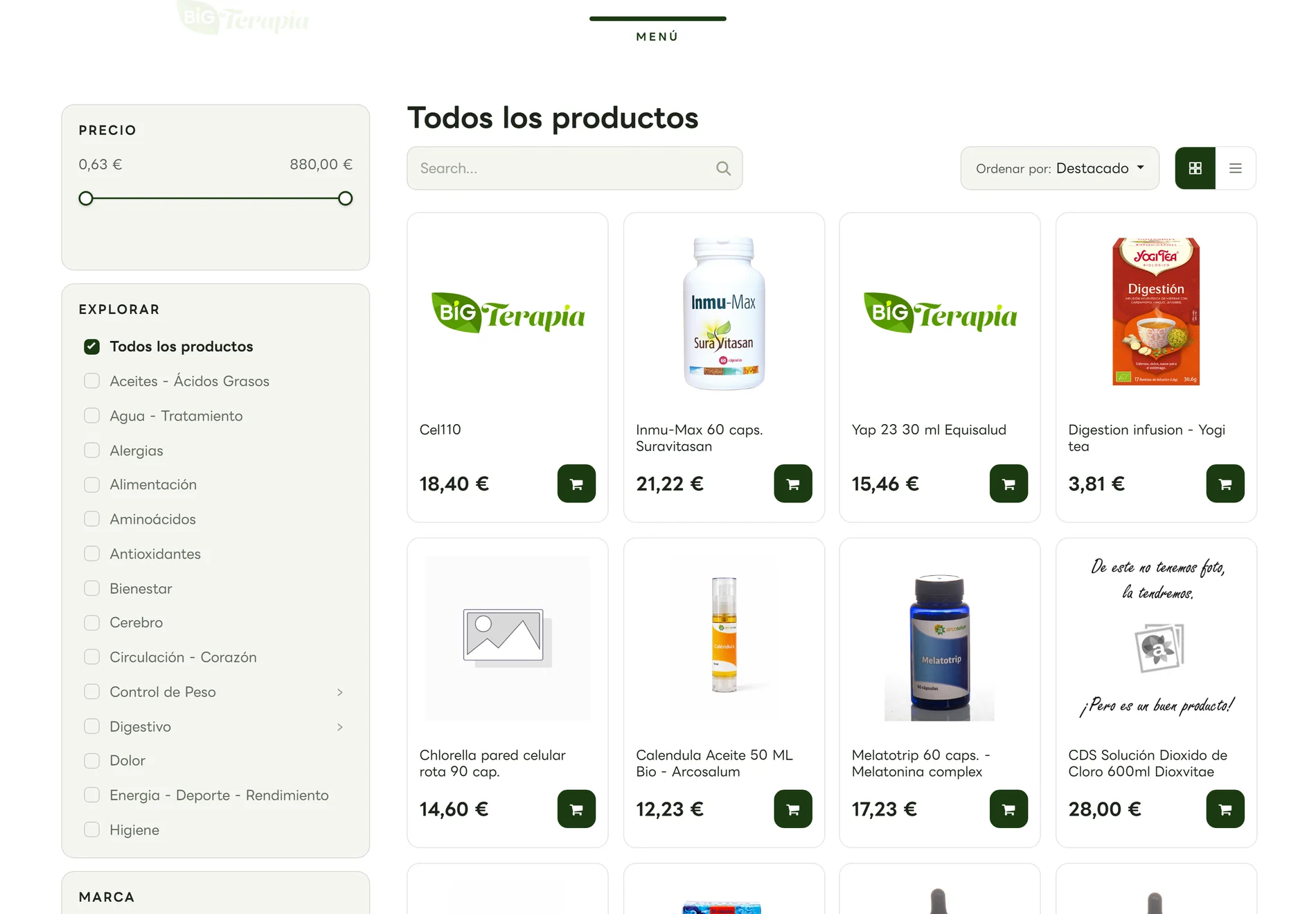 Tienda online con filtros por área de bienestar, marca y precio