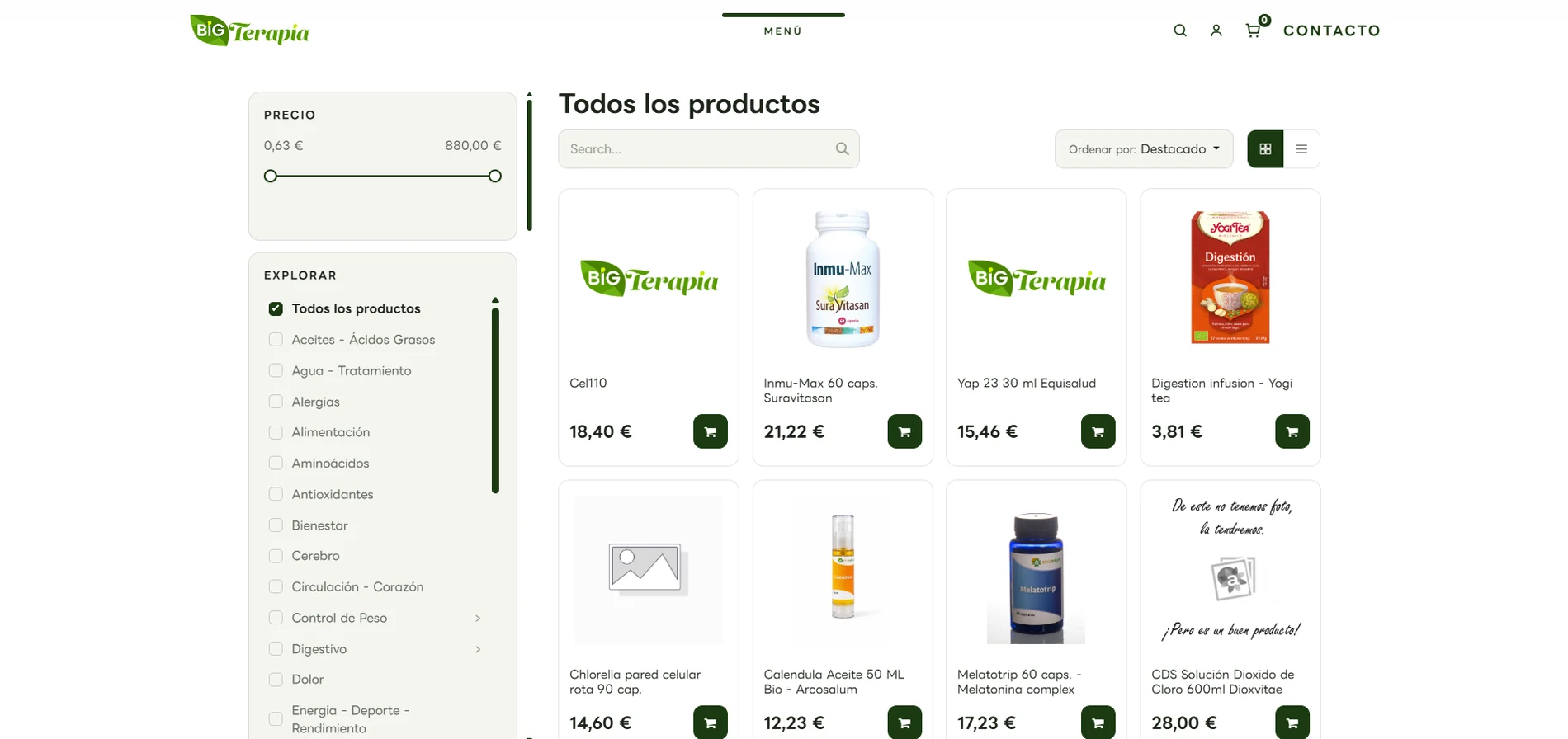 Tienda online con filtros por área de bienestar