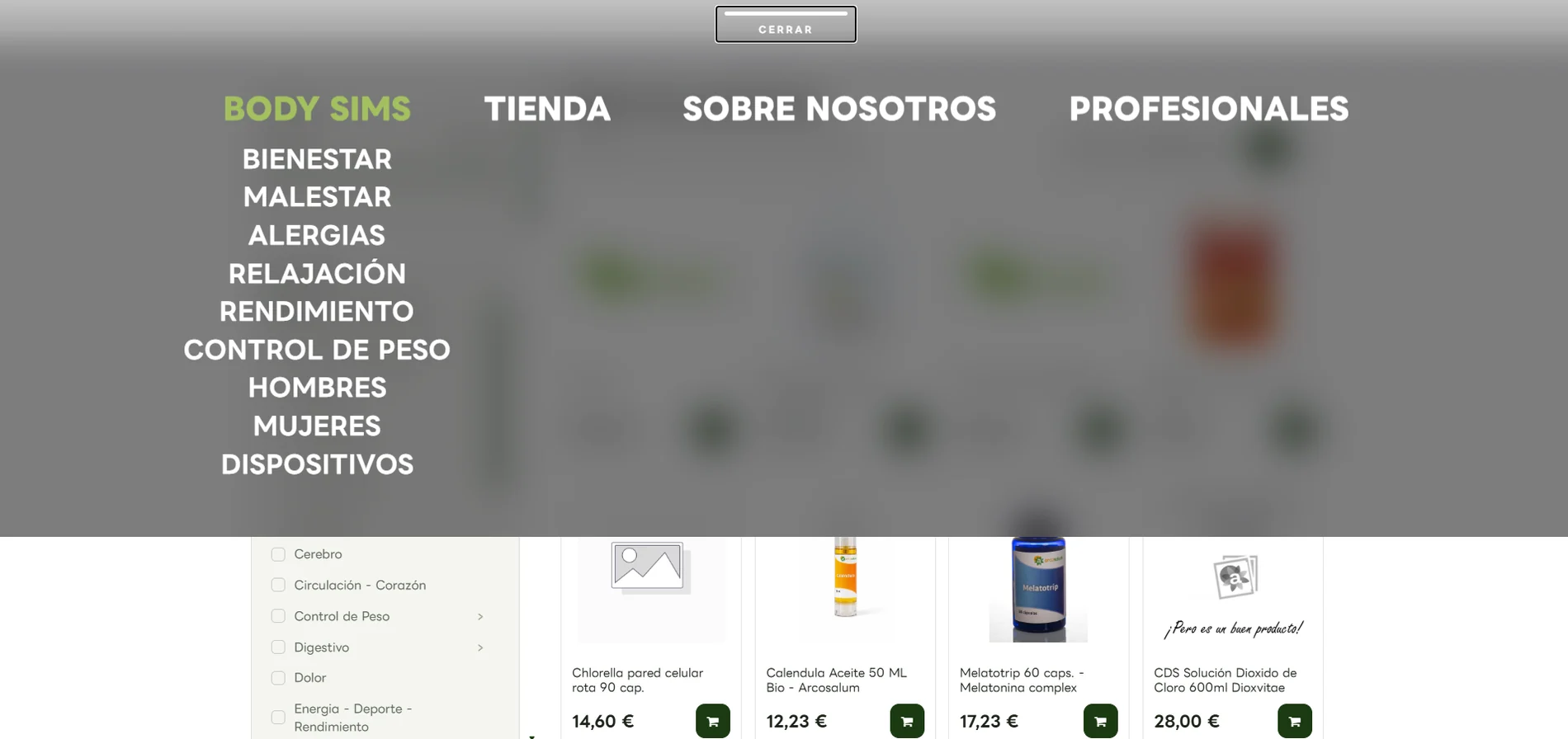 Menú con las nueve páginas temáticas por necesidad (Body SIMs)