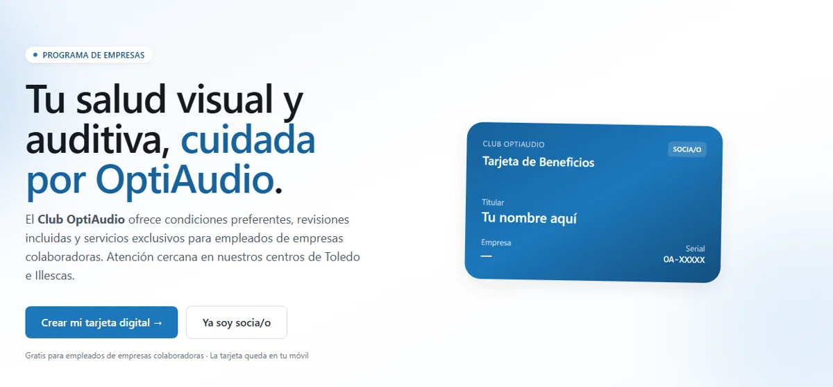 Página del Club OptiAudio con la tarjeta de beneficios digital