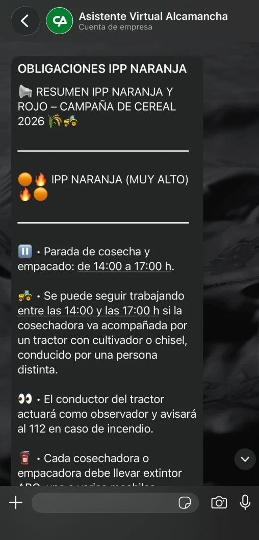 Aviso de obligaciones IPP en la campaña de cereal, por WhatsApp