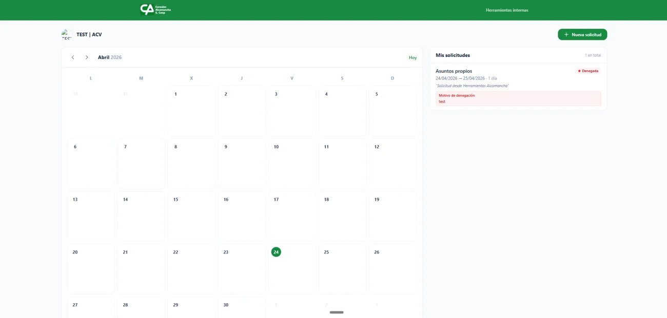 Ficha del empleado en Herramientas Alcamancha: calendario y sus solicitudes