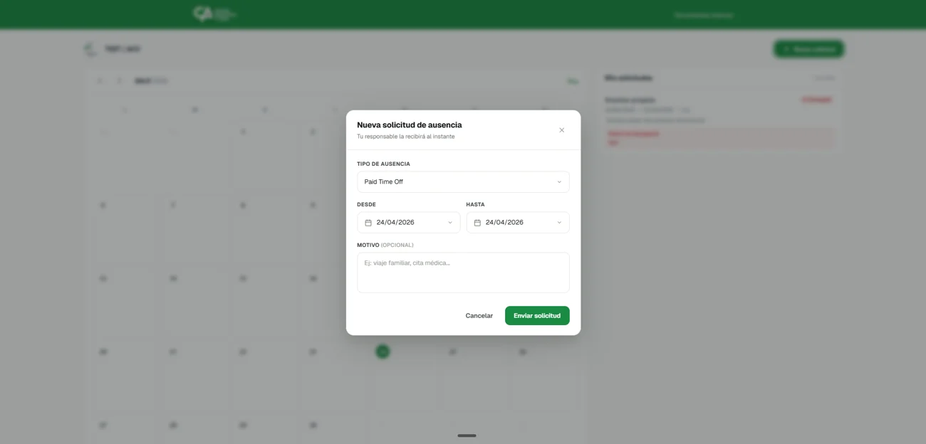 Formulario de nueva solicitud de ausencia: tipo, fechas y motivo