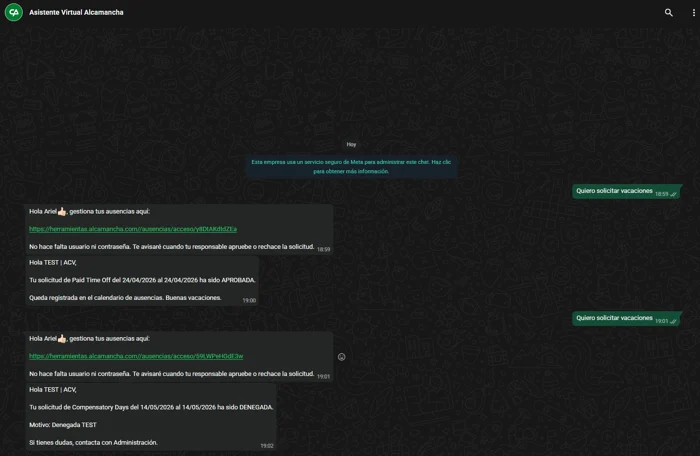 El empleado recibe por WhatsApp si su ausencia se ha aprobado o denegado