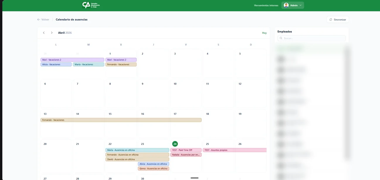 Calendario compartido con las ausencias de todo el equipo, cada empleado en su color