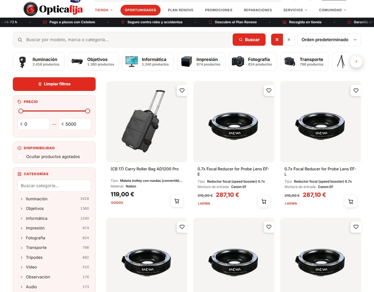 Listado de la tienda de Óptica Fija con buscador en vivo y filtros