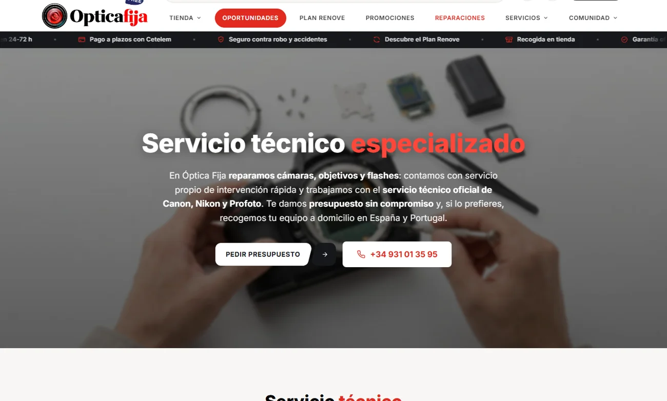 Página de servicio técnico: taller oficial y propio, con enfoque local