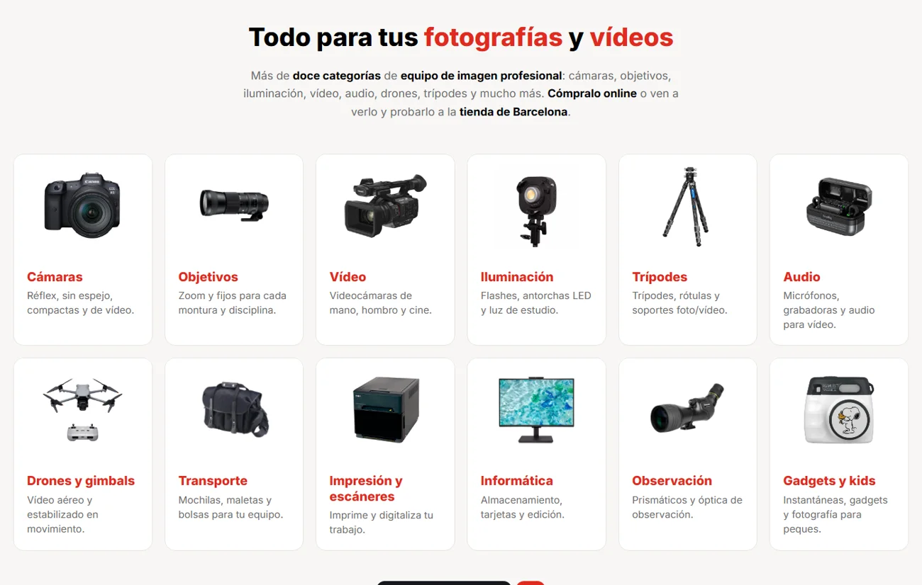 Nueva página de inicio de Óptica Fija: categorías y distribuidores oficiales