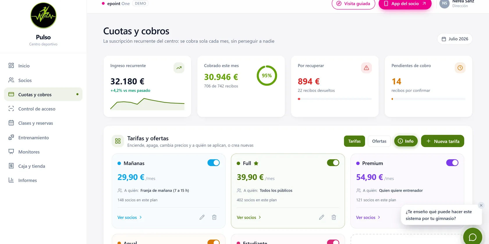 Cuotas y cobros por domiciliación en el software para gimnasios de epoint