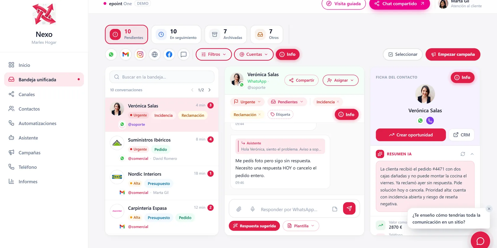 Bandeja unificada con WhatsApp, email, Instagram y teléfono en el CRM para WhatsApp de epoint