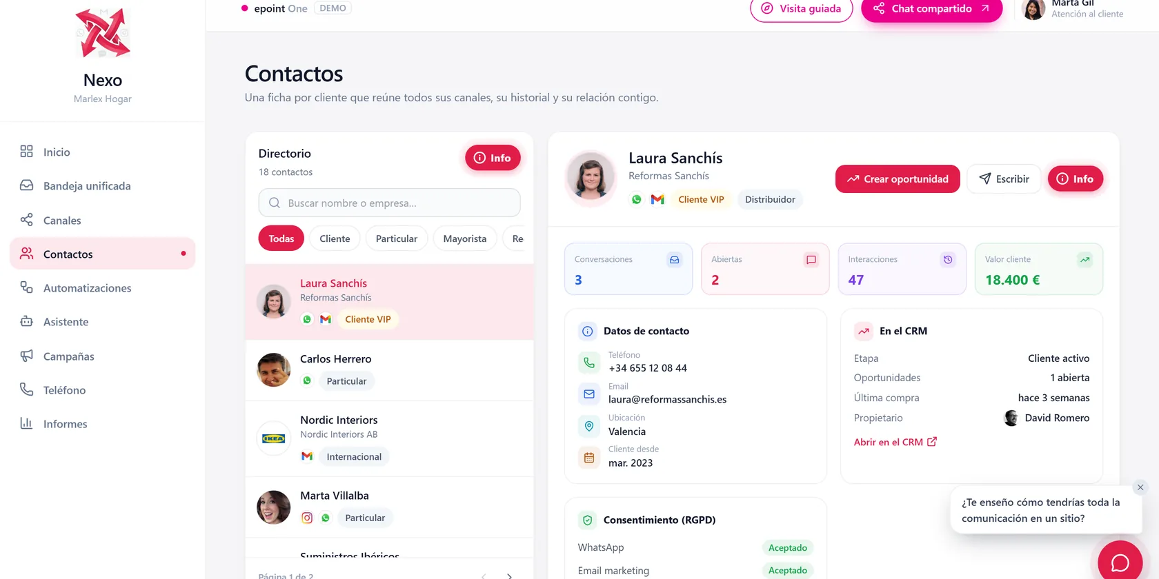Ficha del contacto con su historial en el CRM para WhatsApp de epoint