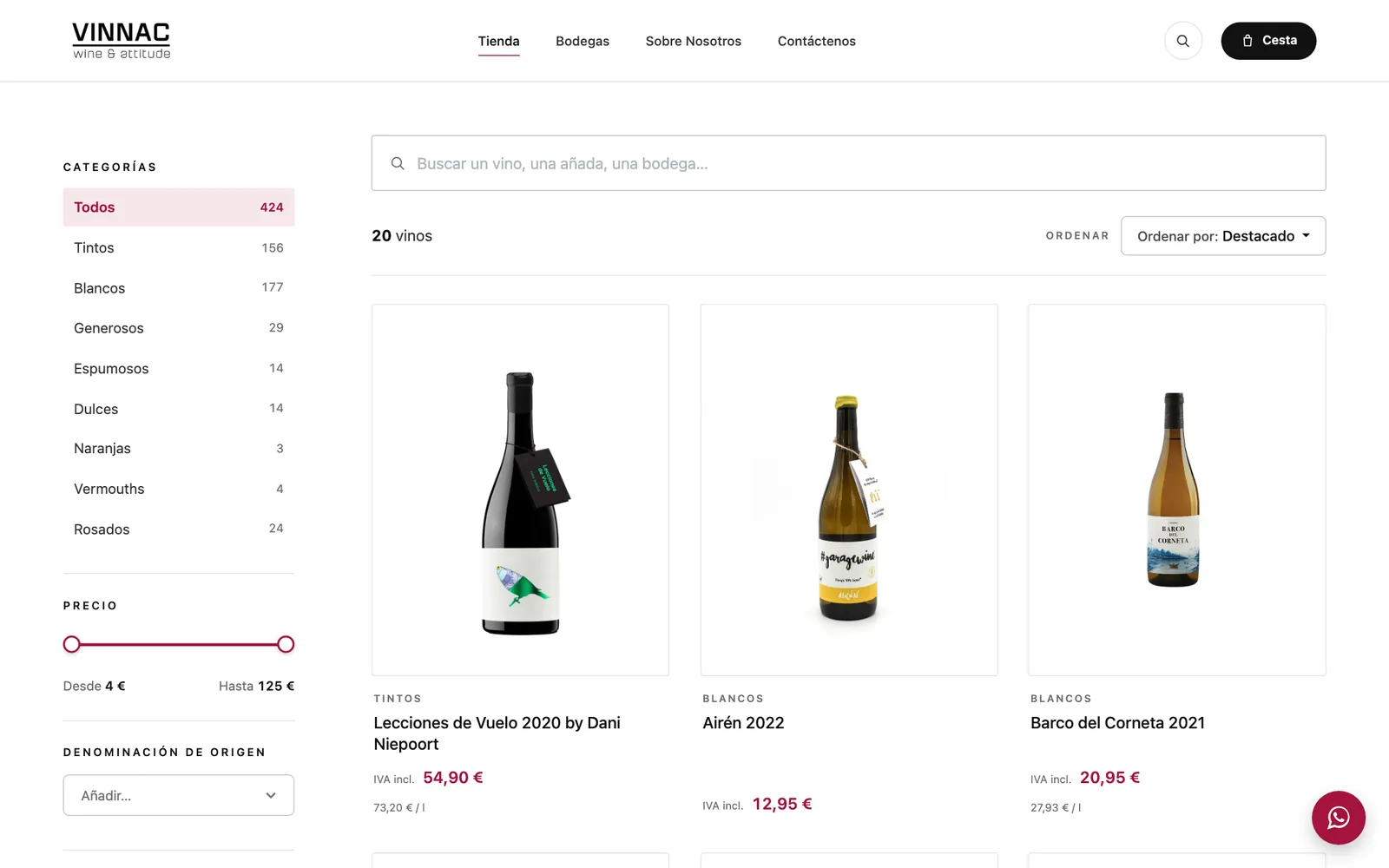 La nueva tienda de vinnac.es sobre Odoo: buscador, categorías y más de 400 vinos