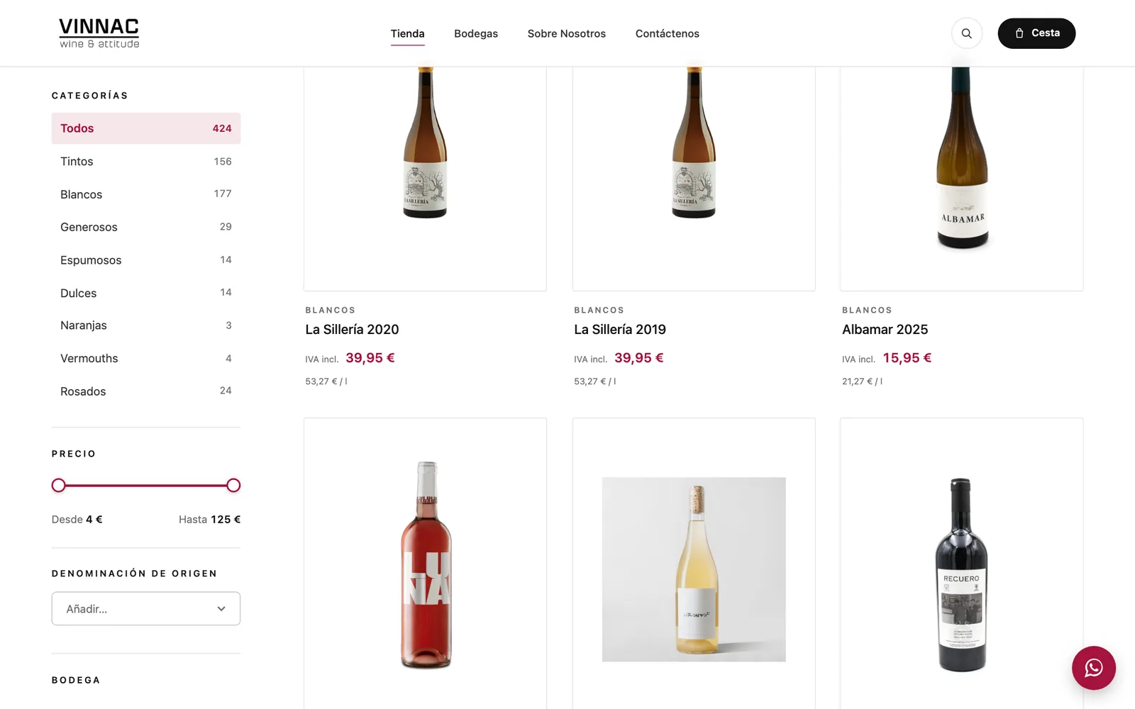 Filtros de precio, denominación de origen y bodega en el catálogo