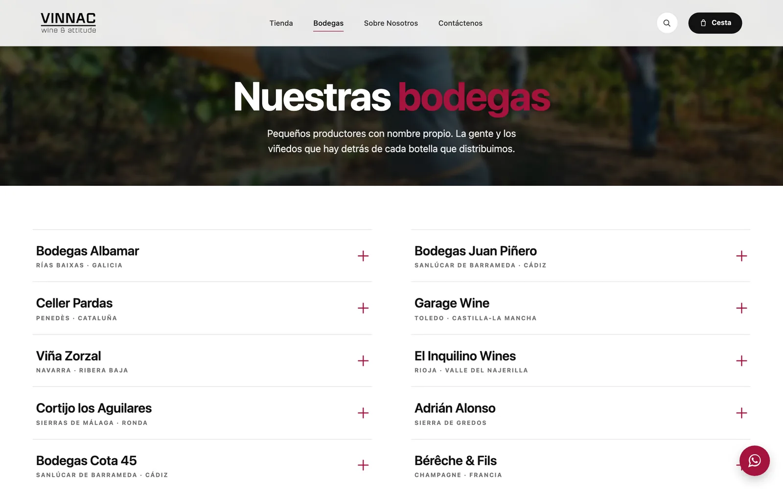 La página de bodegas: los pequeños productores, con nombre y zona