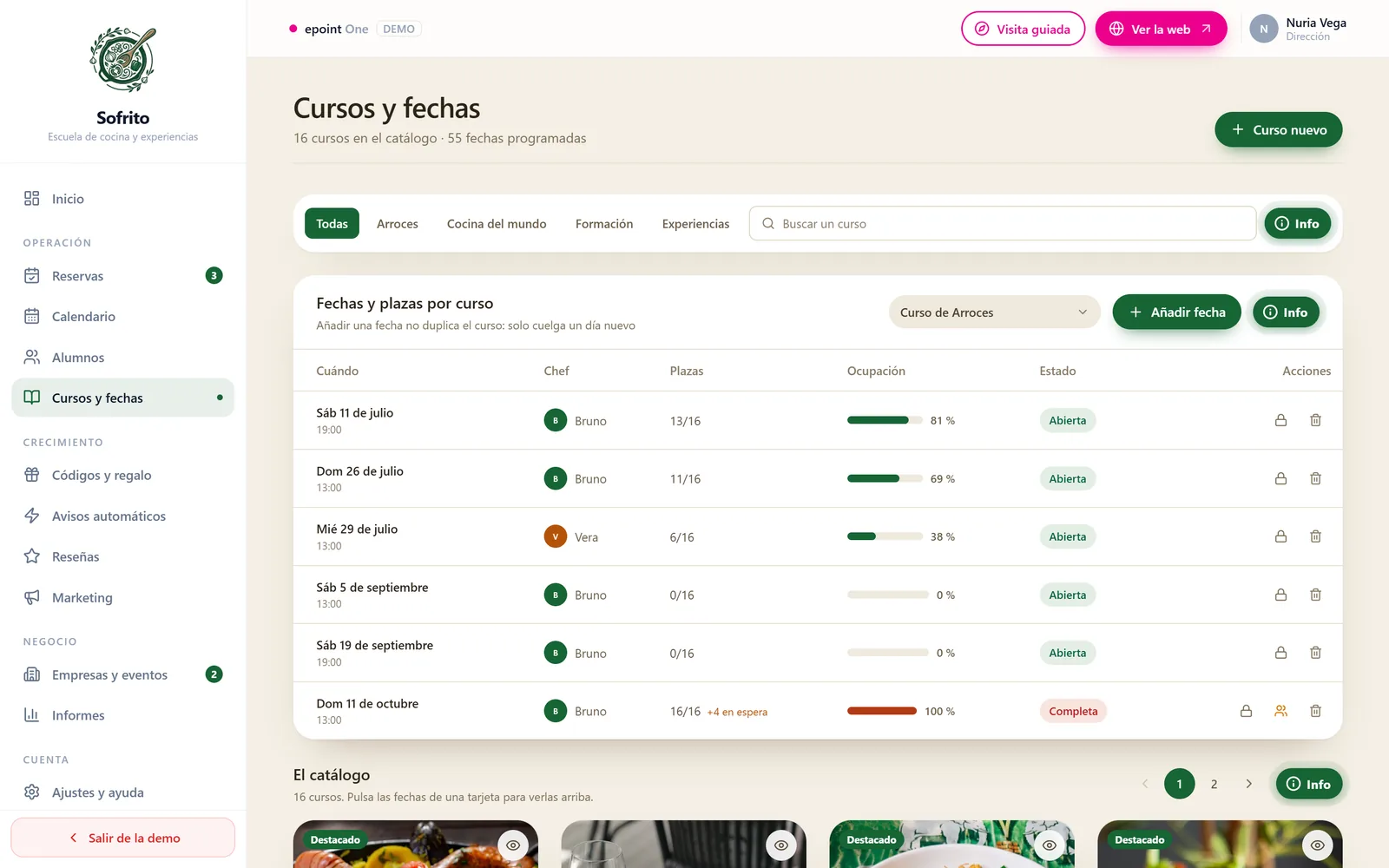 Catálogo de cursos con sus convocatorias, aforo y chef en el software para escuelas de cocina de epoint