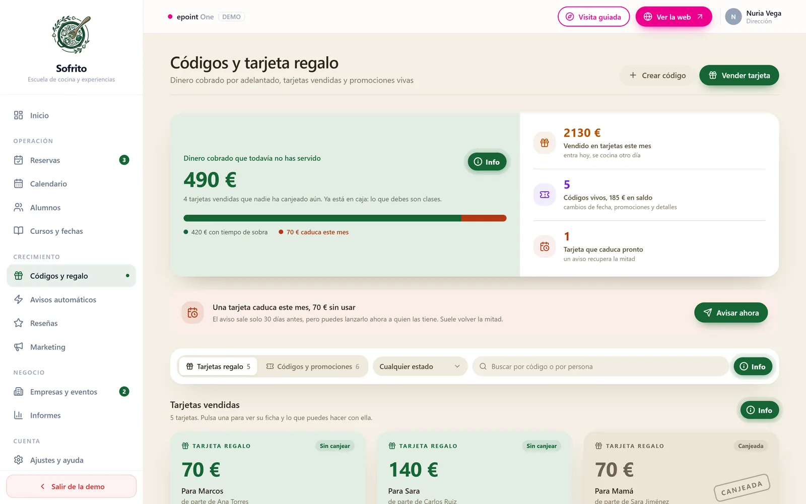 Tarjetas regalo y códigos con su saldo y su canje en el software para escuelas de cocina de epoint