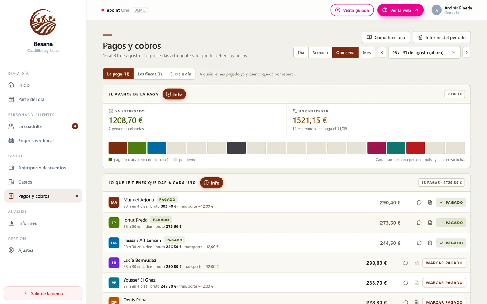 La paga de la quincena con horas, precio por hora, transporte y anticipos en el software para empresas agrícolas de epoint